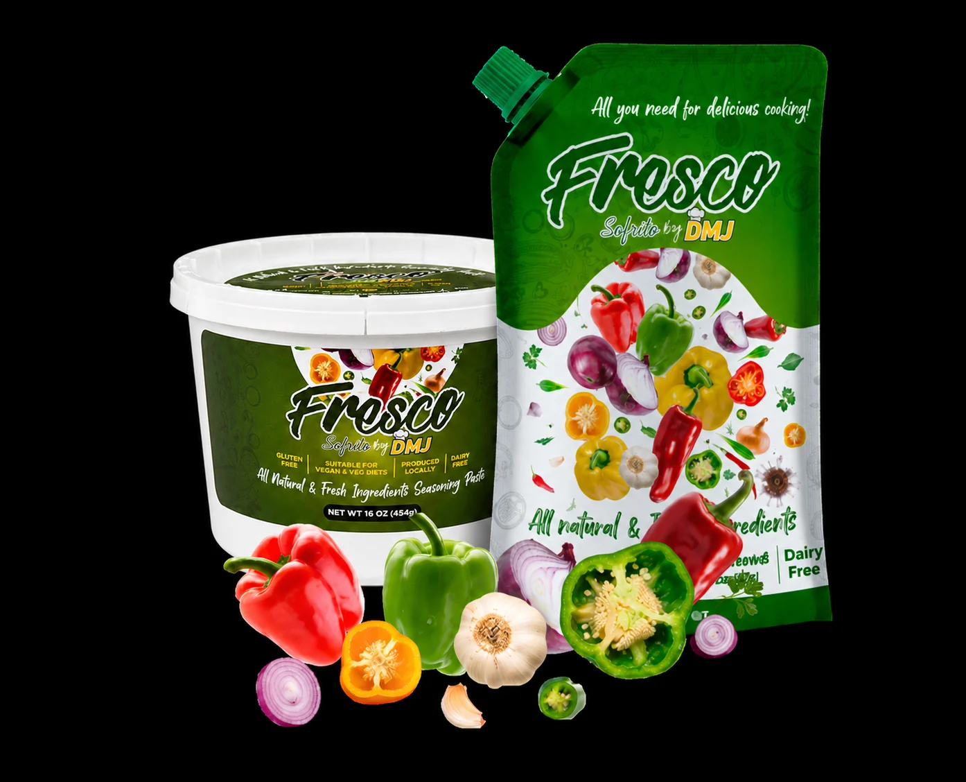 Fresco Sofrito bowl and pouch with fresh peppers, onion, and garlic